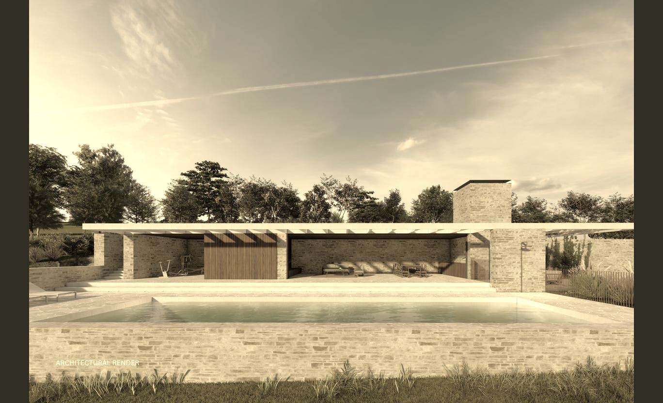 The estate's internal road winding through green hinterland